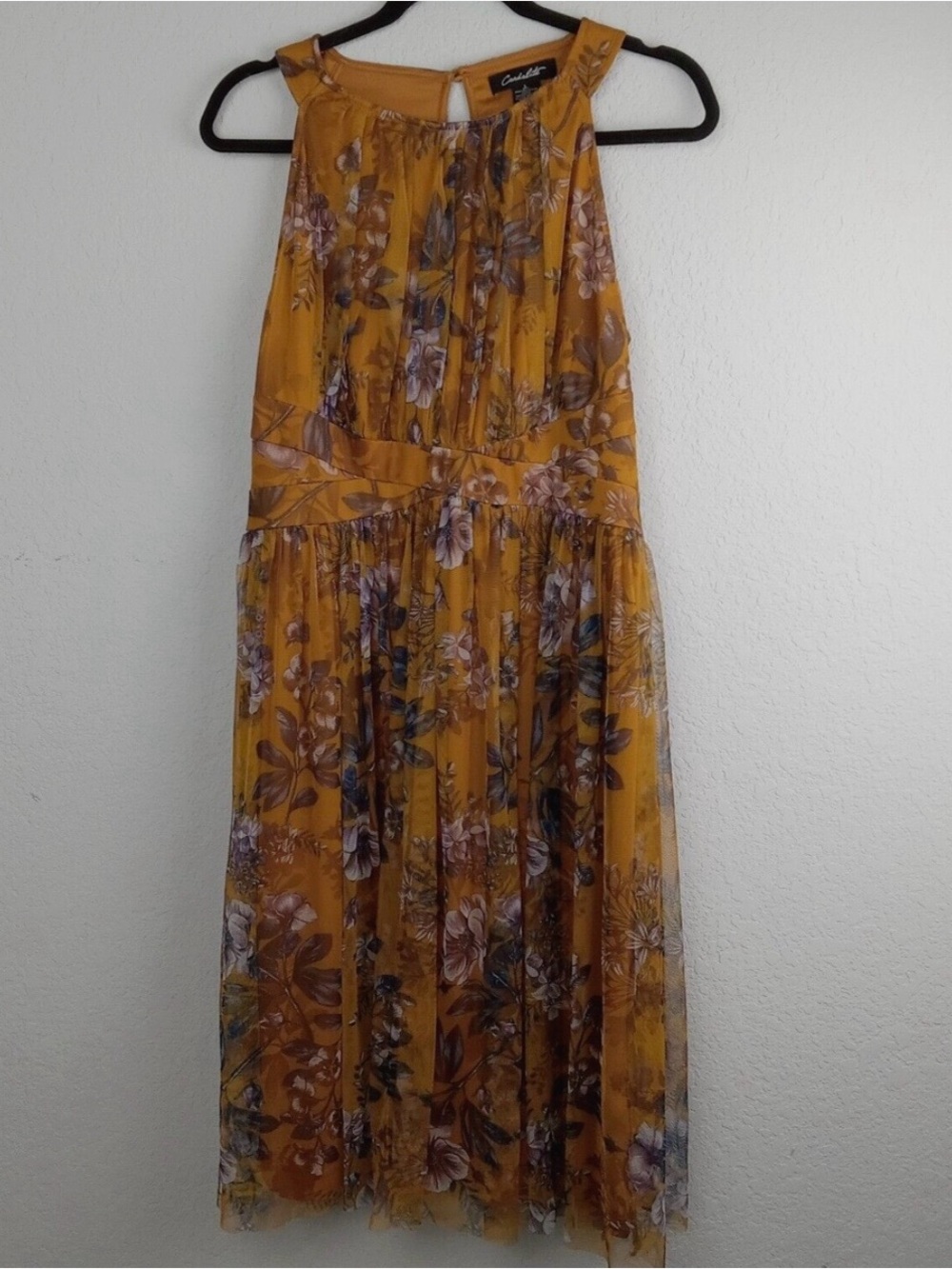 Candalite Mustard Floral Halter-Neck Maxi Dress boho, cottagecore size L